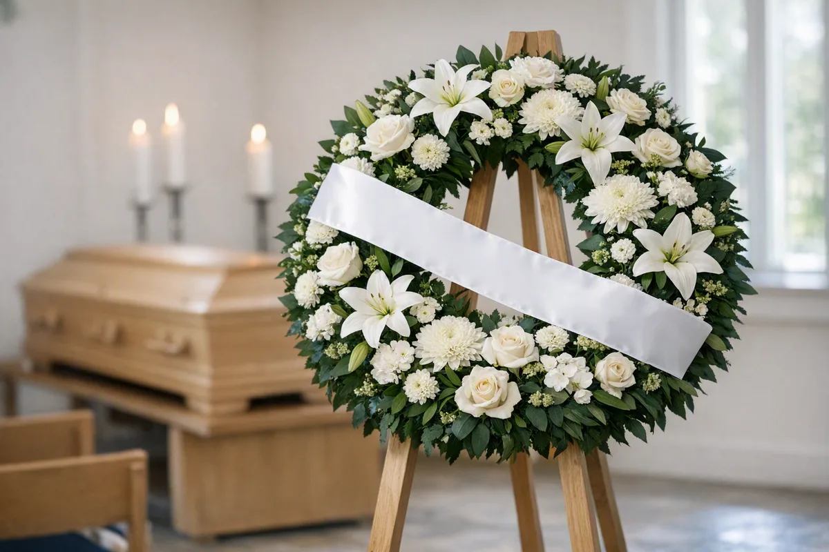 Hautaseppele valkoisista liljoista ja ruusuista telineessä nauhoineen